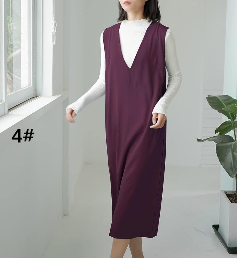 ロングワンピース 人気ノースリーブロング丈ワンピース深Vネックレディース