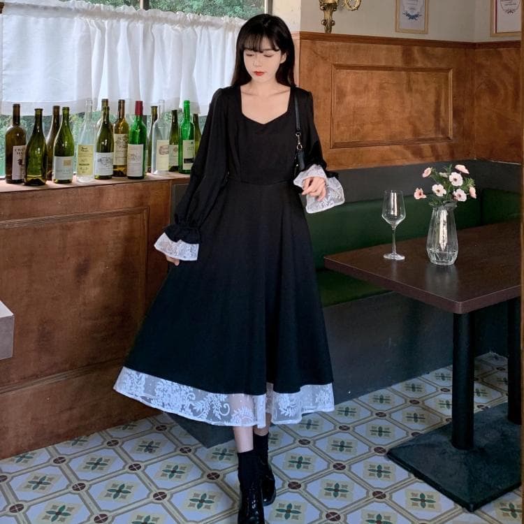 ロングワンピース 背中リボン レース切替 姫袖ワンピース