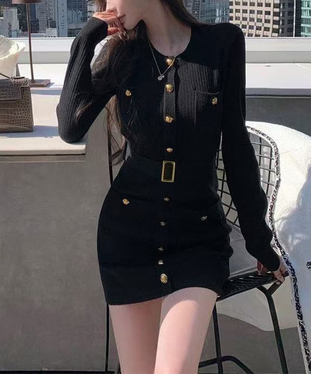 ロングワンピース 金ボタンニットワンピース上品長袖