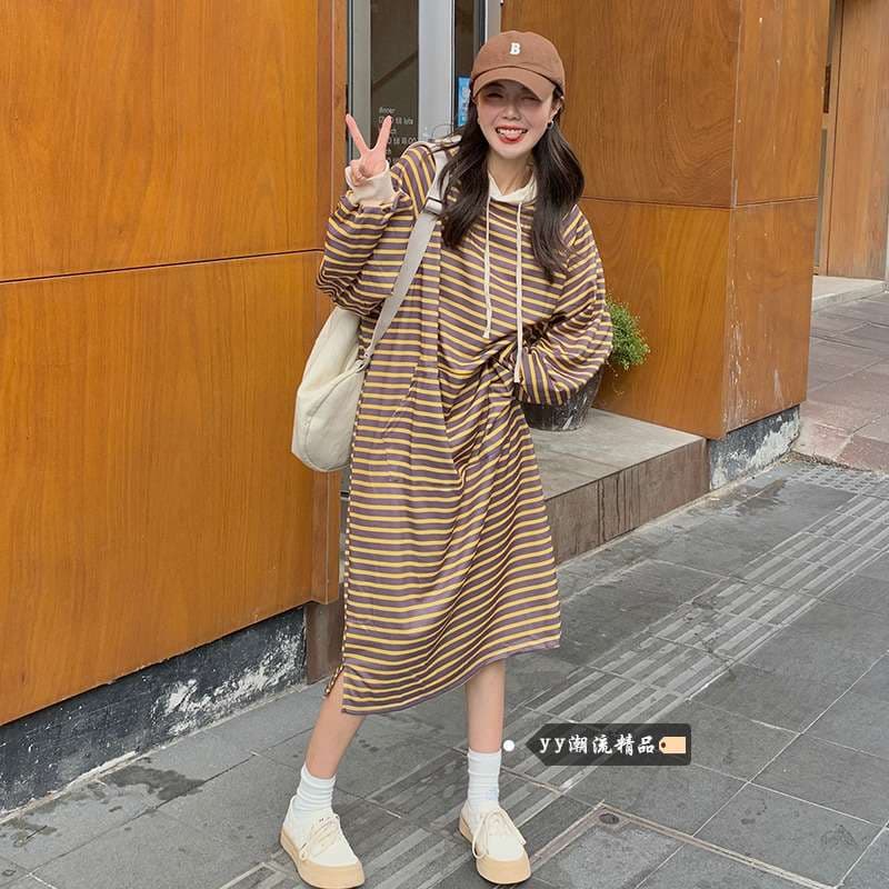ロングワンピース ゆったりボーダーフードワンピース