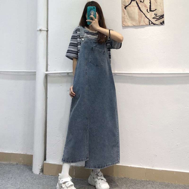 ロングワンピース ゆったりデザイン サロペット風 ワンピース