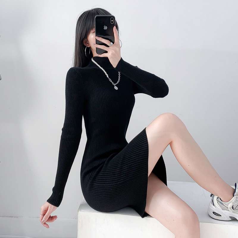 ロングワンピース リブニットスリムタートルワンピース