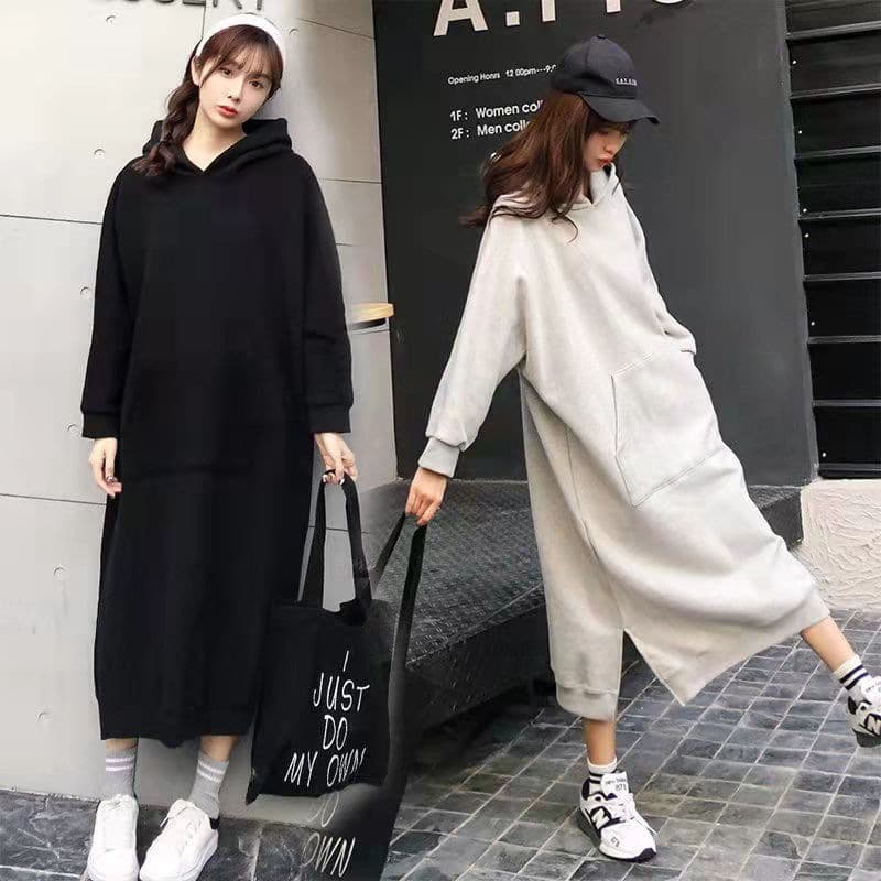 ロングワンピース ゆったりフーディーマキシ丈ワンピース
