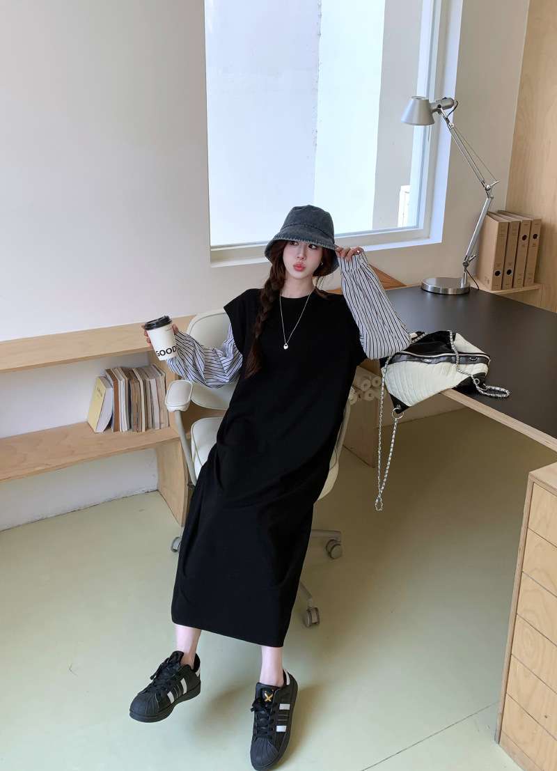 ロングワンピース ストライプ切替シームレスニットワンピース