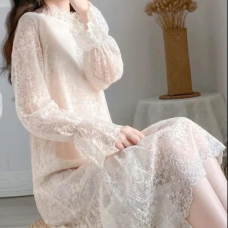 ロングワンピース 優美な花レース フレアロングワンピース