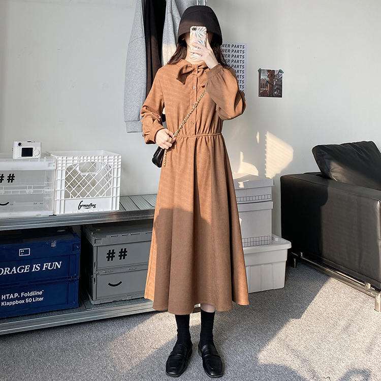 ロングワンピース シンプル襟付きギャザーワンピース