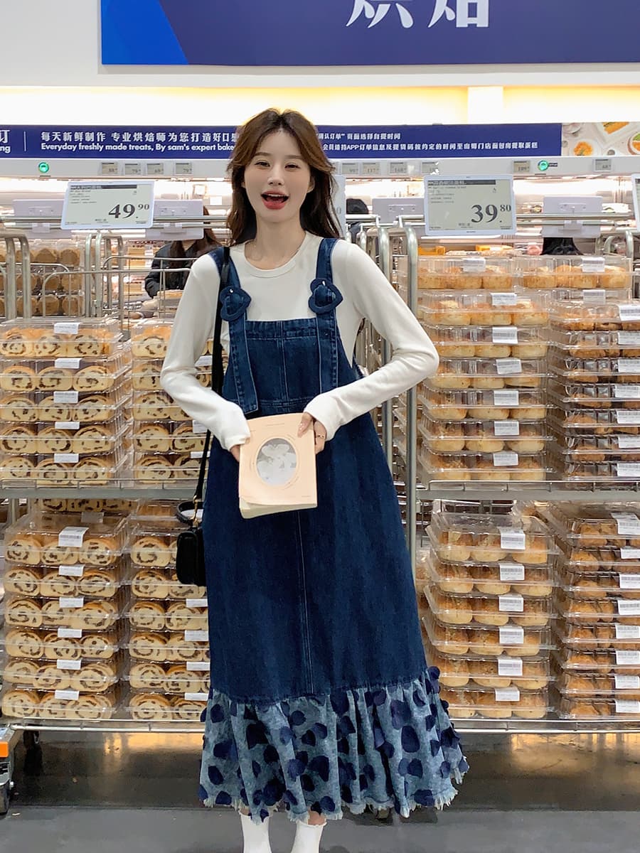 ロングワンピース ハートフリルデニムサロペットワンピース