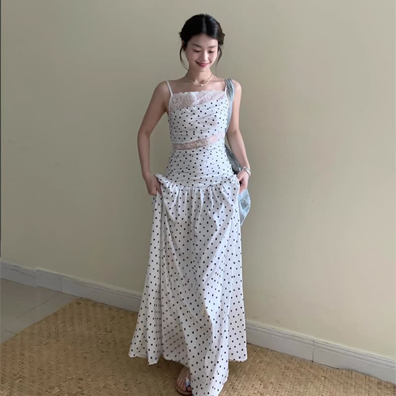 ロングワンピース レース 水玉レース切替優美ロングワンピース