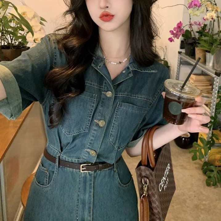 ロングワンピース 優美シルエット デニムワンピース