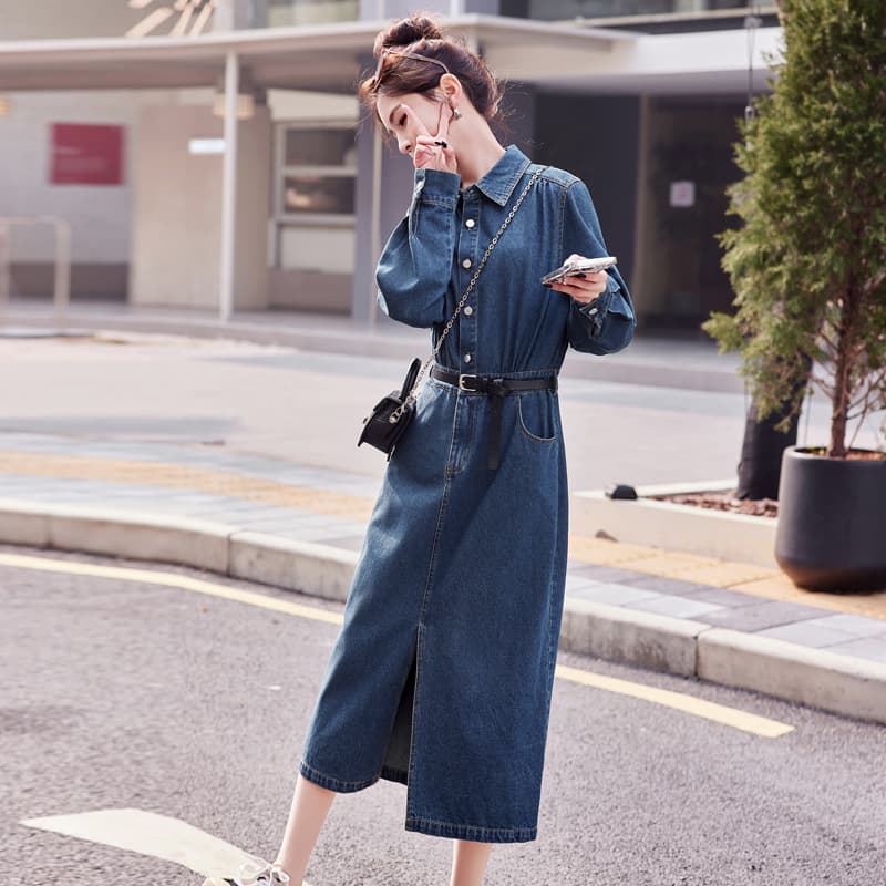 ロングワンピース デニム 前開きベルト付きデニムロングワンピース