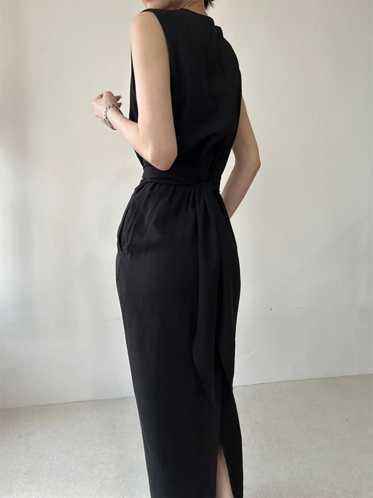 ロングワンピース 結び目デザイン ノースリーブ ロング丈 ワンピース