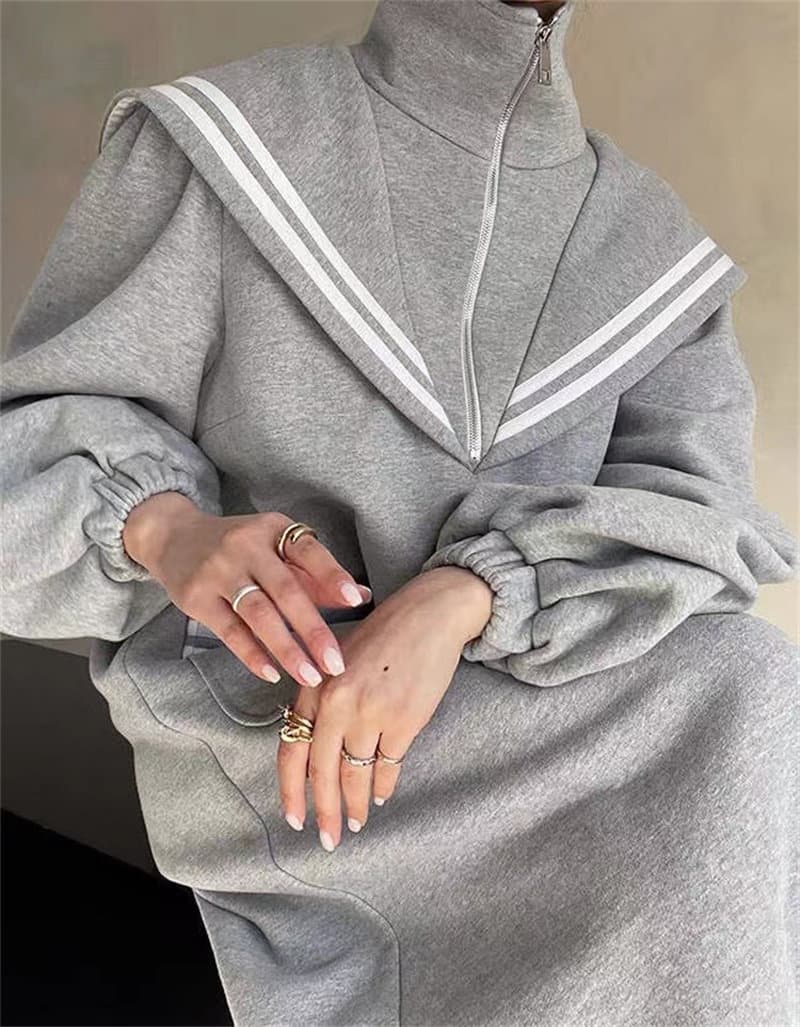 韓国風セーラー襟スウェットロングワンピース