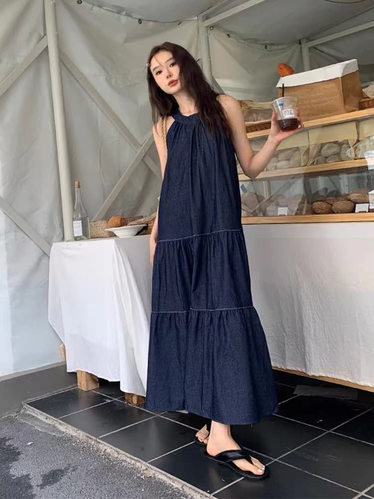 ロングワンピース 重ね着風ティアードロングワンピース