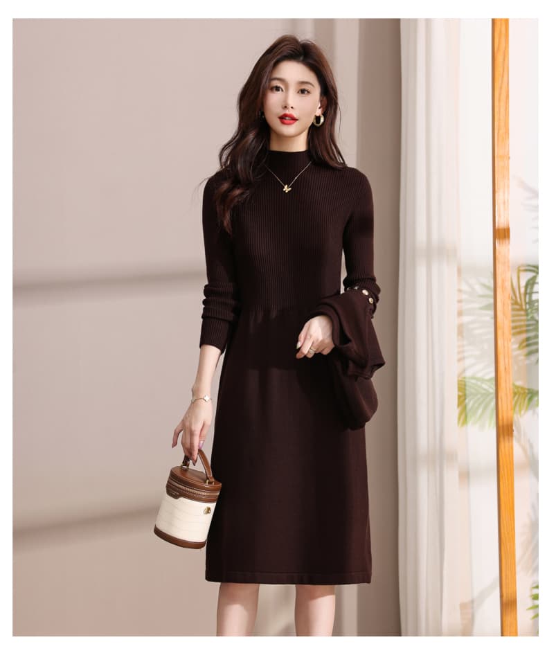 ロングワンピース ニット リブ編み切替すっきりロングワンピース