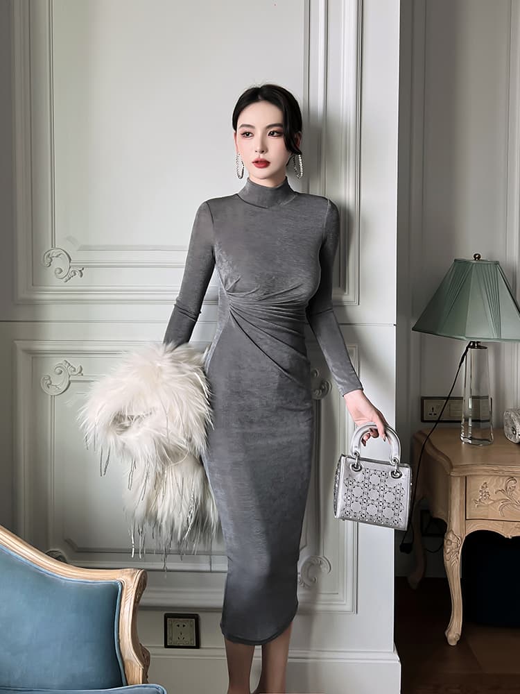 ロングワンピース タートルネック スリムシルエット タートルネック ワンピース