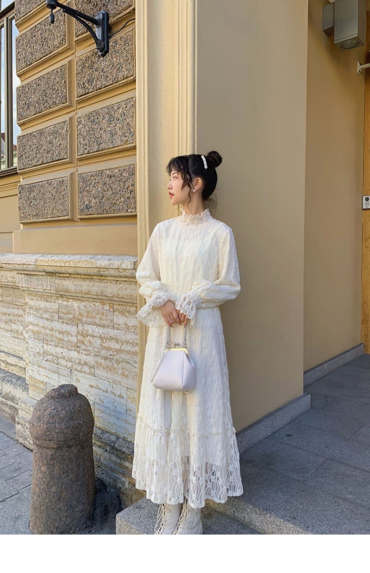 ロングワンピース レース編み花柄デザインワンピース