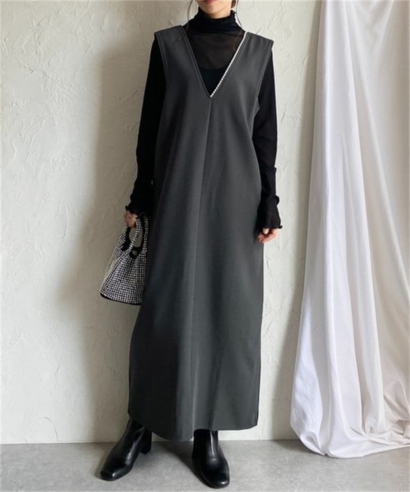 韓国風ノースリーブジャンパースカート風ロングワンピース