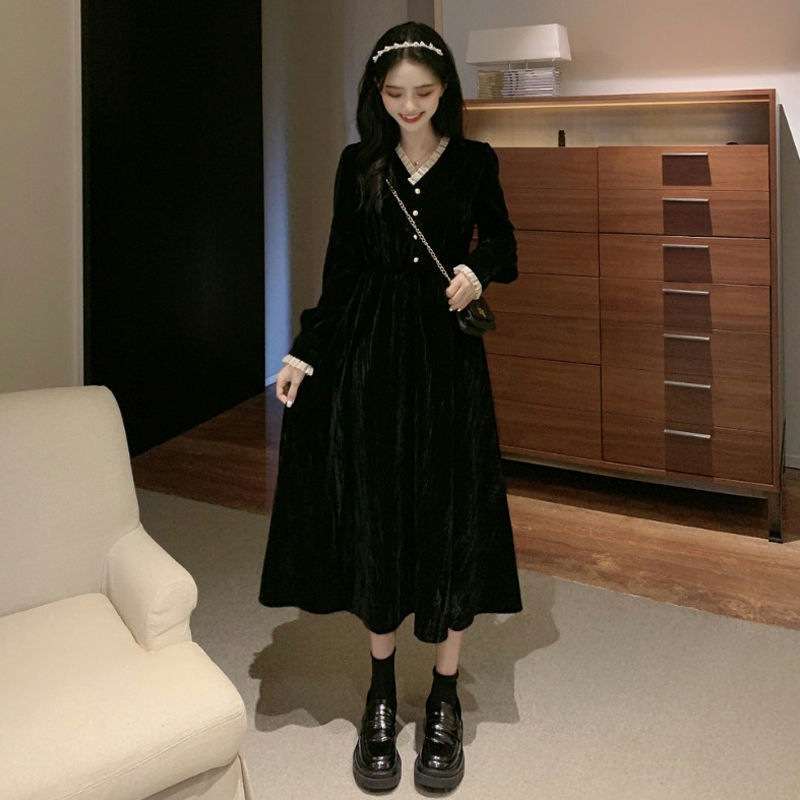 ロングワンピース 優美なベルベット素材のリボン付きワンピース