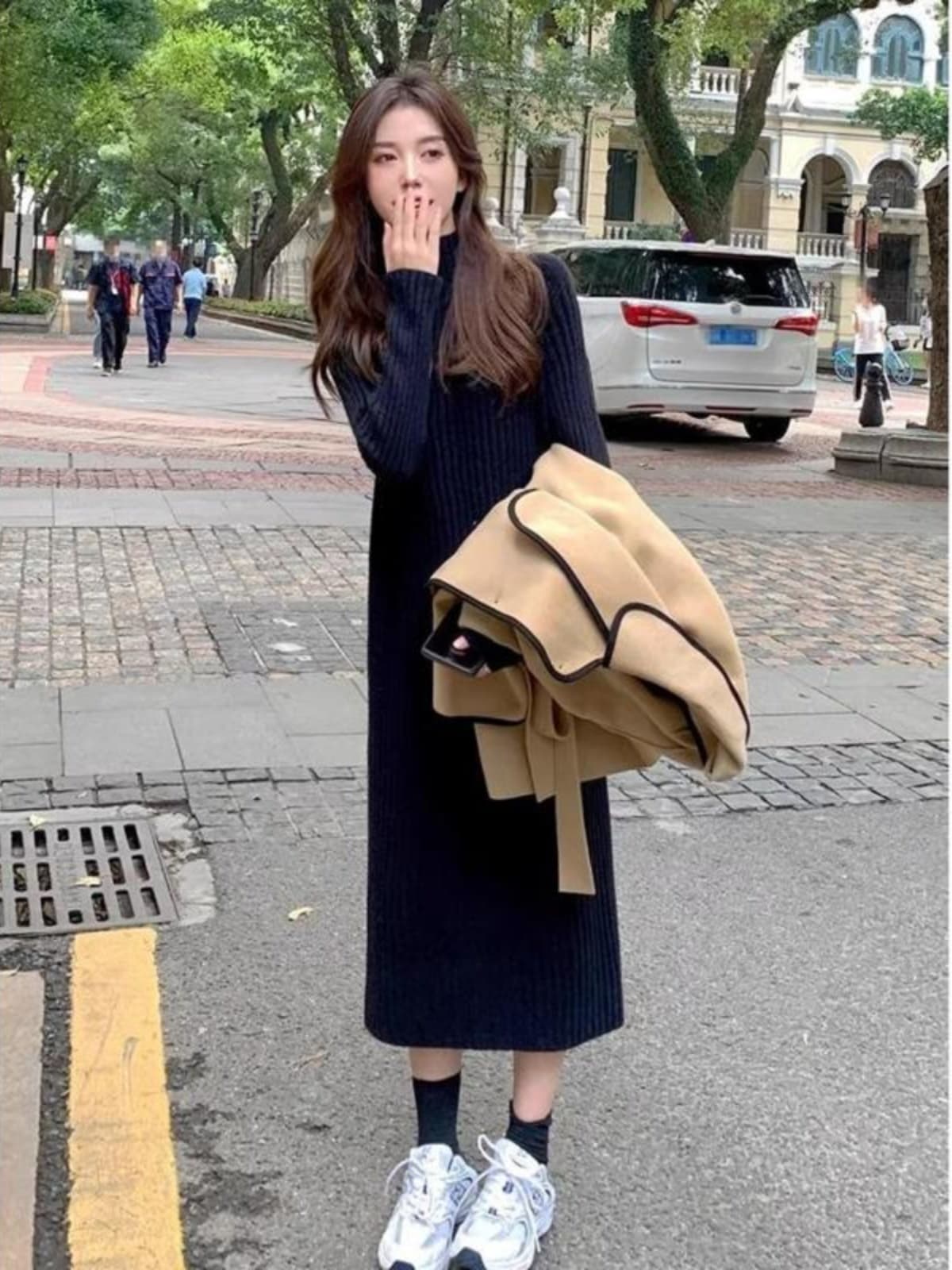 ロングワンピース ニット リブ編みハイネックロングワンピース