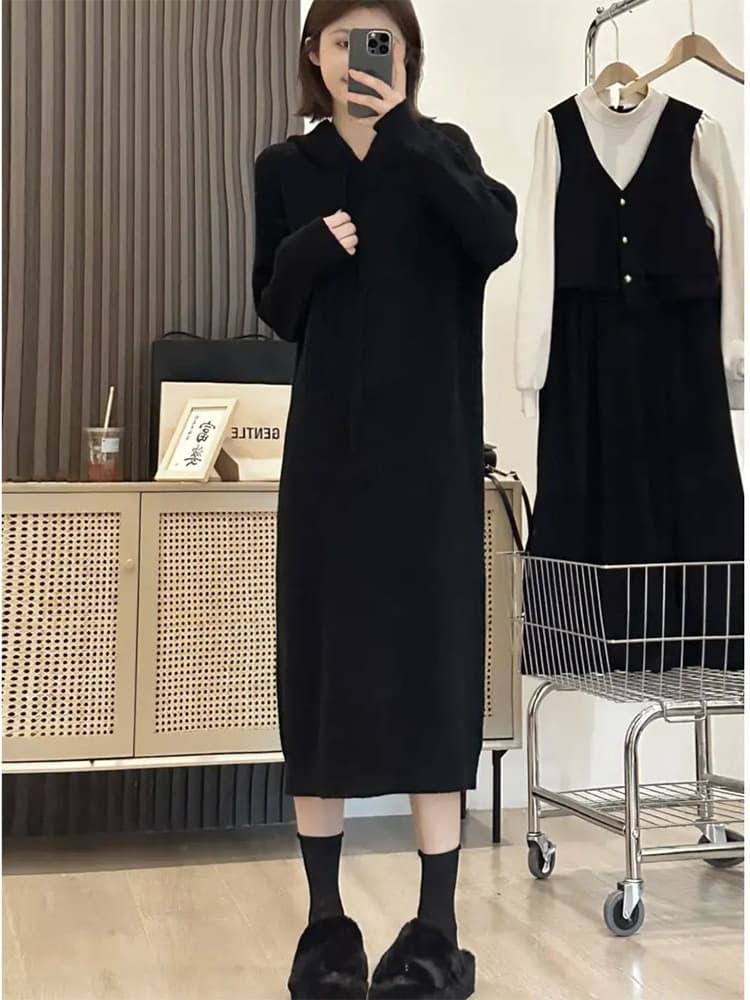 ロングワンピース リブ編みフード付きニットワンピース