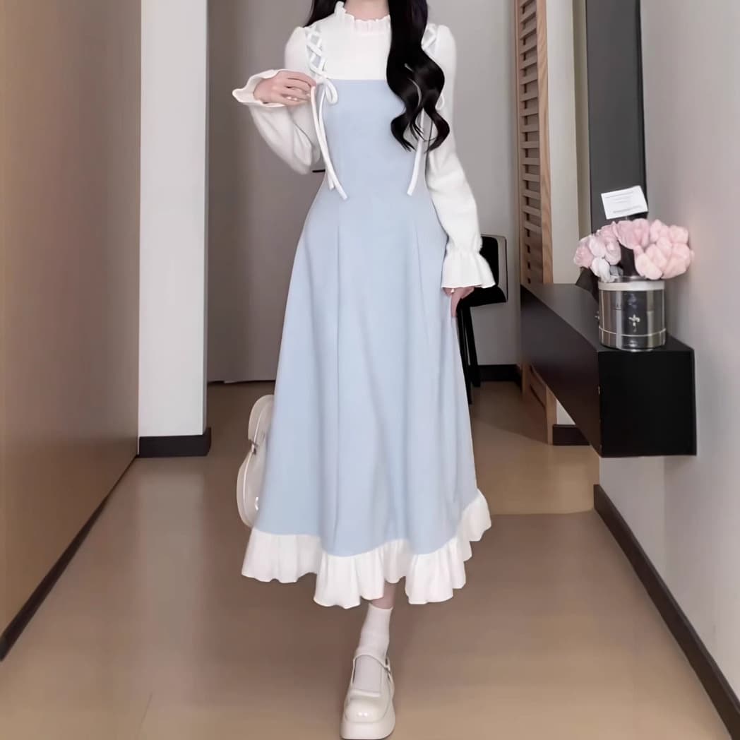 ロングワンピース 姫系リボンレース飾り付きティアードワンピース