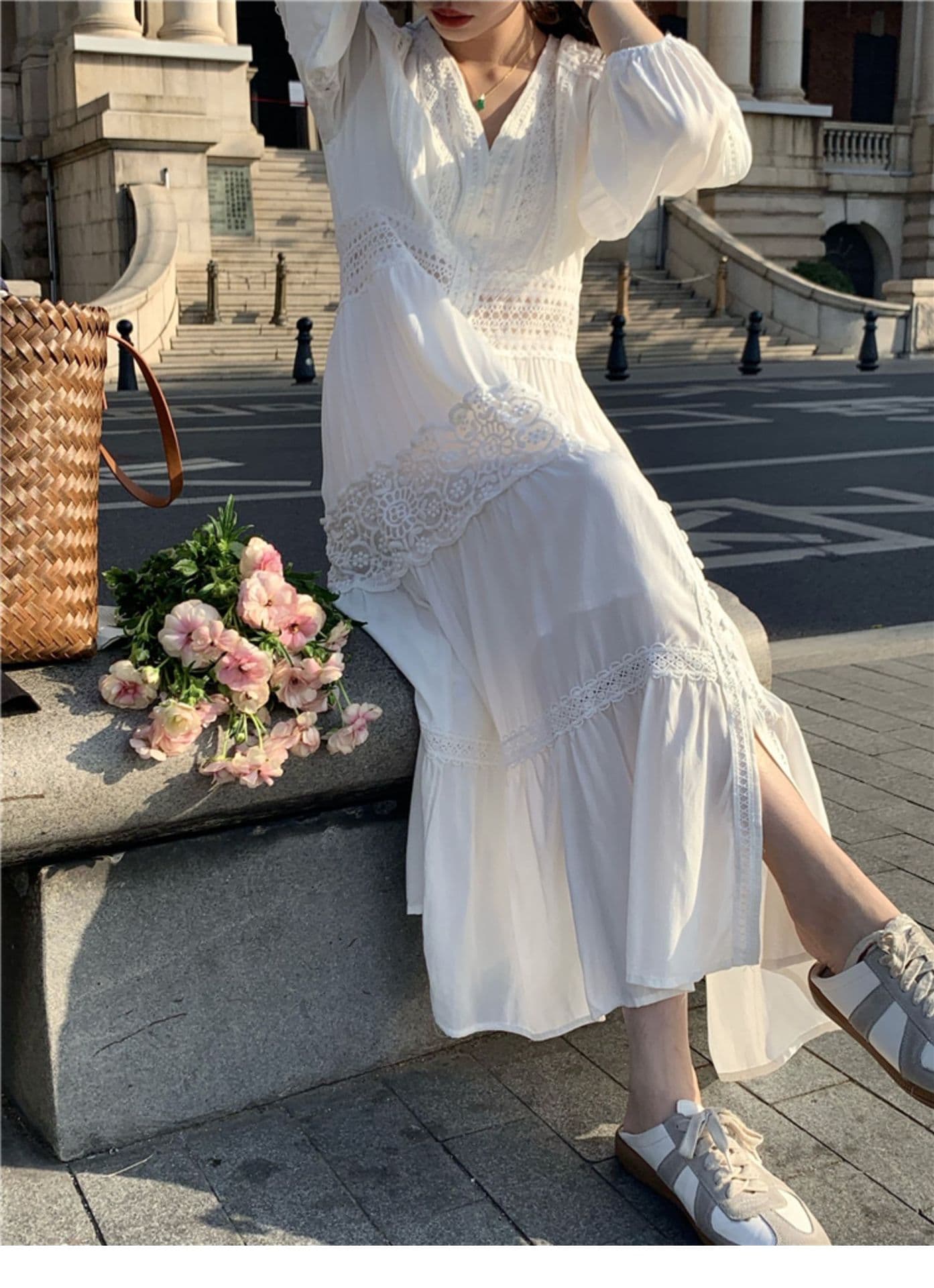 ロングワンピース 優美なレース切替フェミニンマキシワンピース