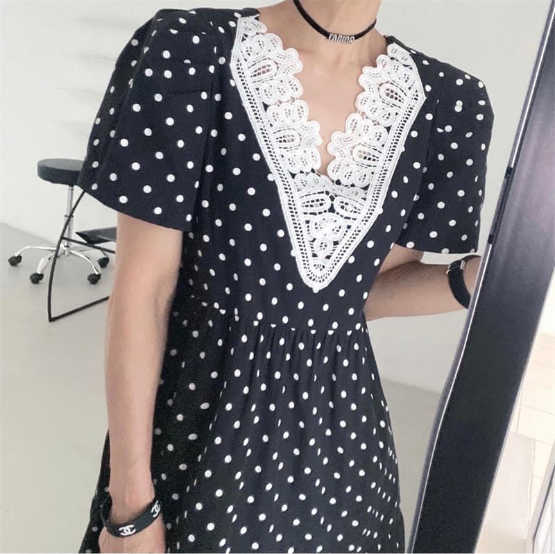 ロングワンピース 復古風透かし彫り襟付き半袖ドット柄シャツワンピース