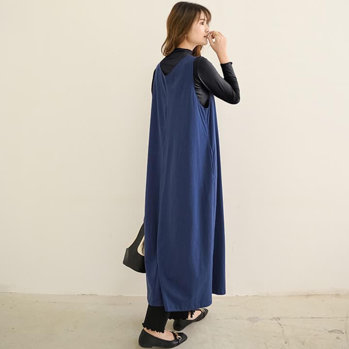 ロングワンピース レディース ロング丈ノースリーブワンピース ブイネック ジャンパースカート