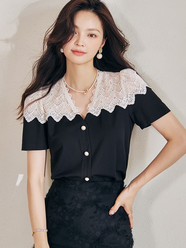 ロングワンピース レース 優美レース襟ミディアムワンピース