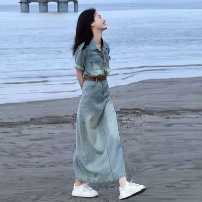 ロングワンピース ゆったりデニムサロペットワンピース
