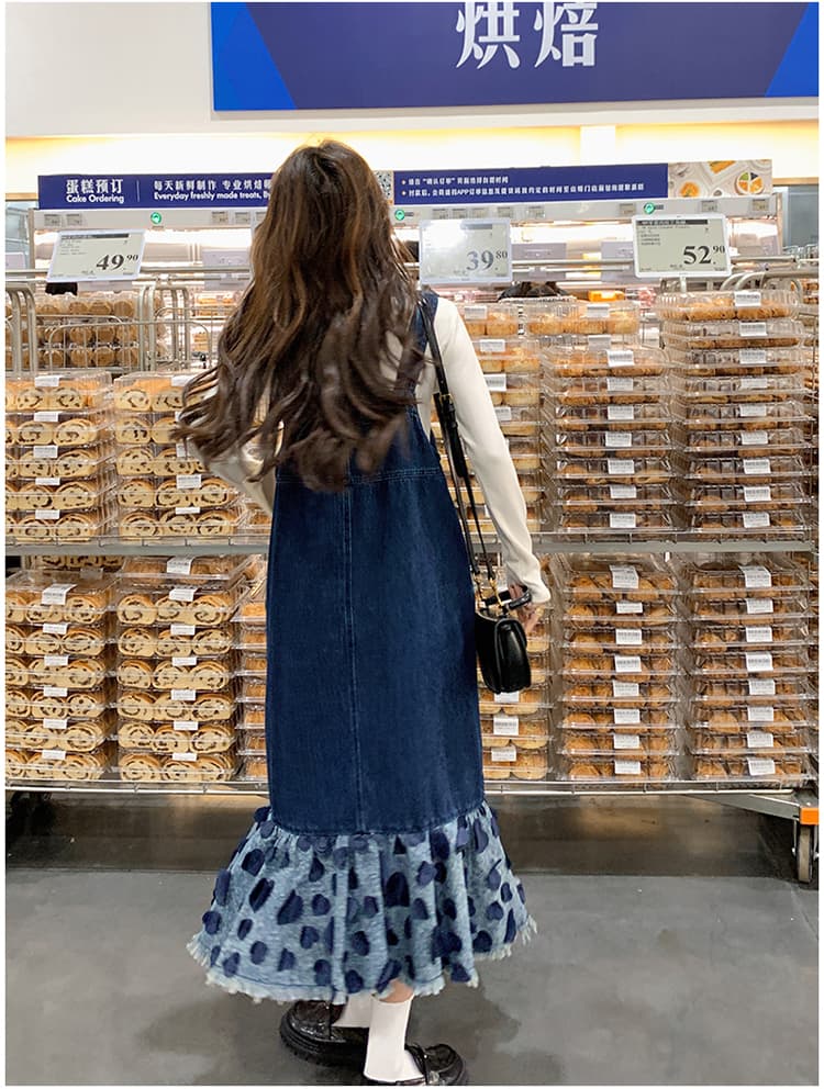 ロングワンピース ハートフリルデニムサロペットワンピース