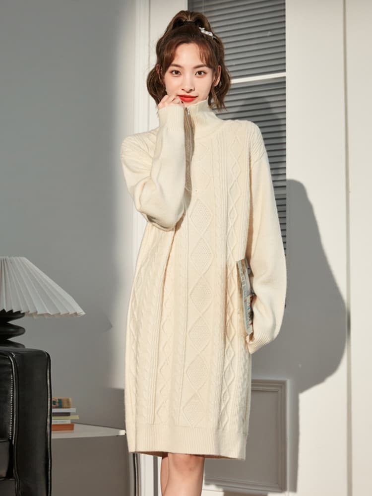 ロングワンピース ニット リブ編み襟付きフレアニットワンピース