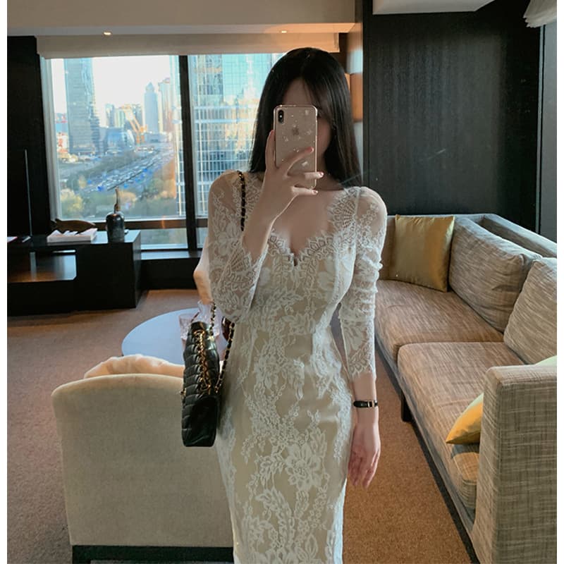 ロングワンピース 優美なレース花柄フルレングスワンピース