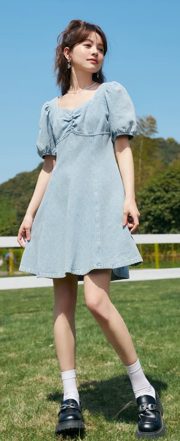 ワンピース デニム パフスリーブ優美デニムワンピース