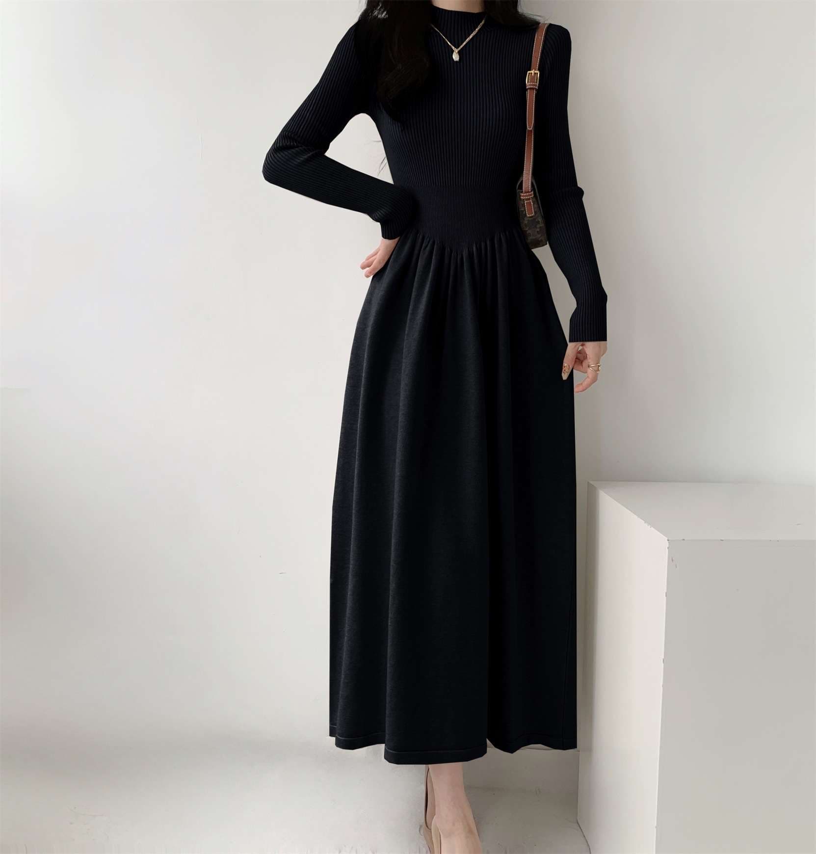 ロングワンピース シンプル上品リブニットロングワンピース