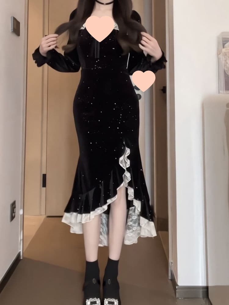 ロングワンピース ドレープフリル マーメイドドレス