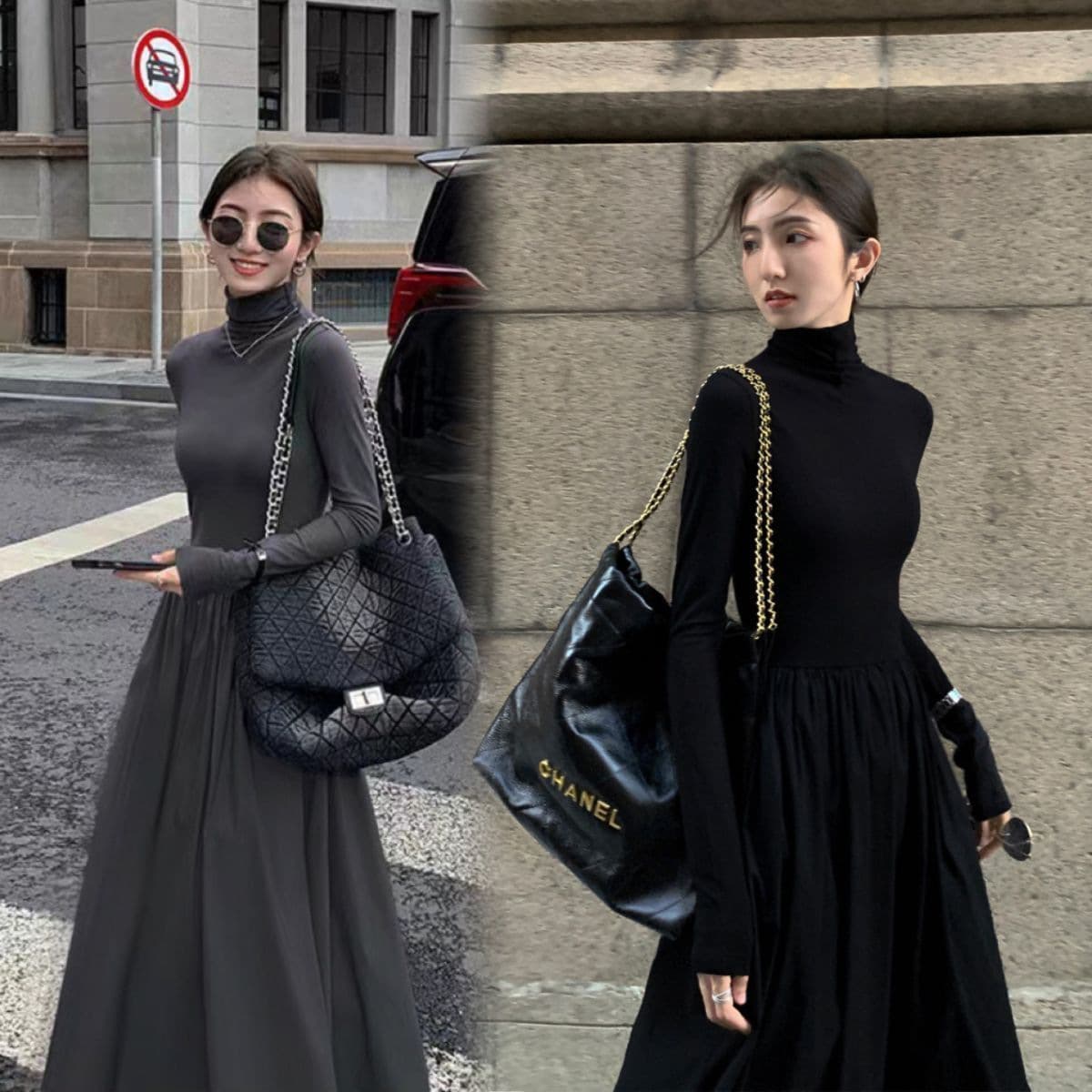 ロングワンピース タートルネックニットロング