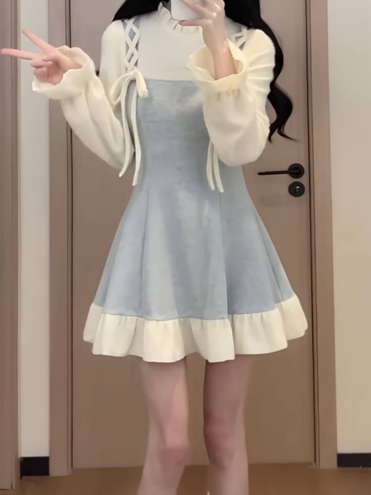 ロングワンピース 姫系リボンレース飾り付きティアードワンピース