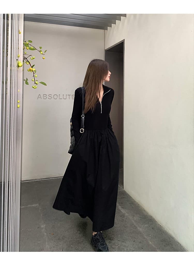 ロングワンピース 上品シンプル ハーフジップ ギャザーワンピース