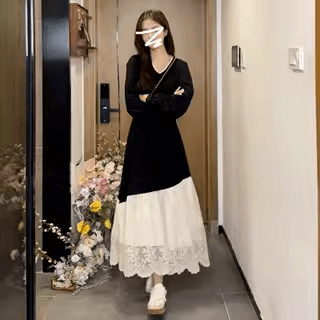 ロングワンピース かぐや姫のような優美な袖付きレースワンピース