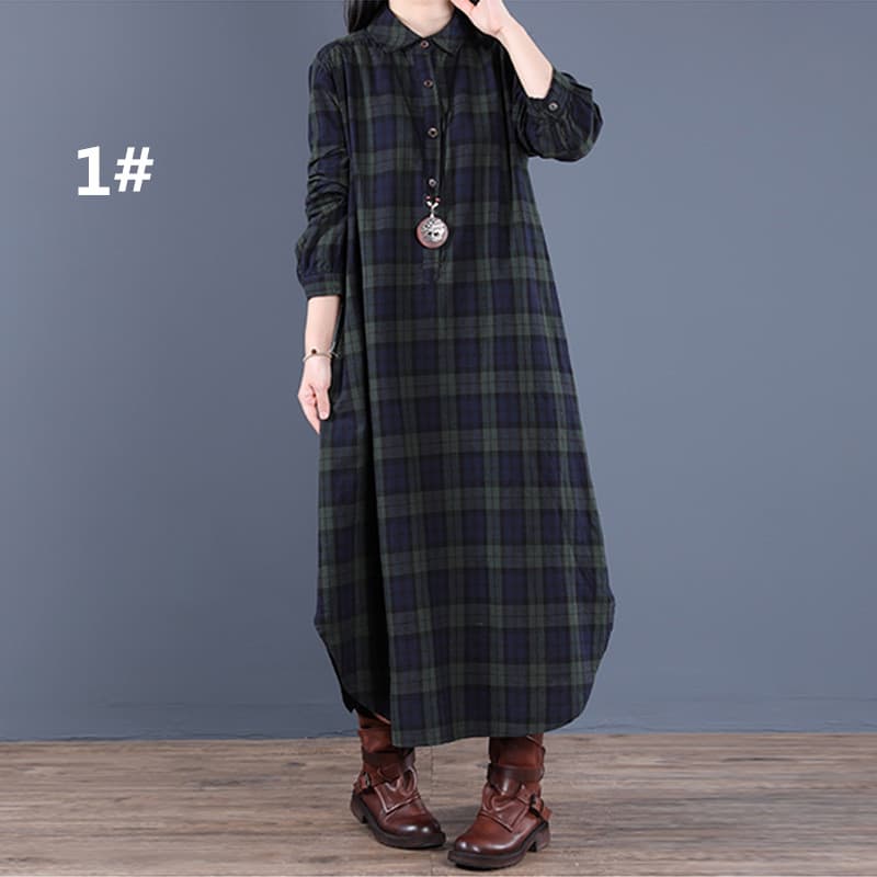 ロングワンピース チェック柄シャツワンピース 長袖ロング丈 秋冬レディース