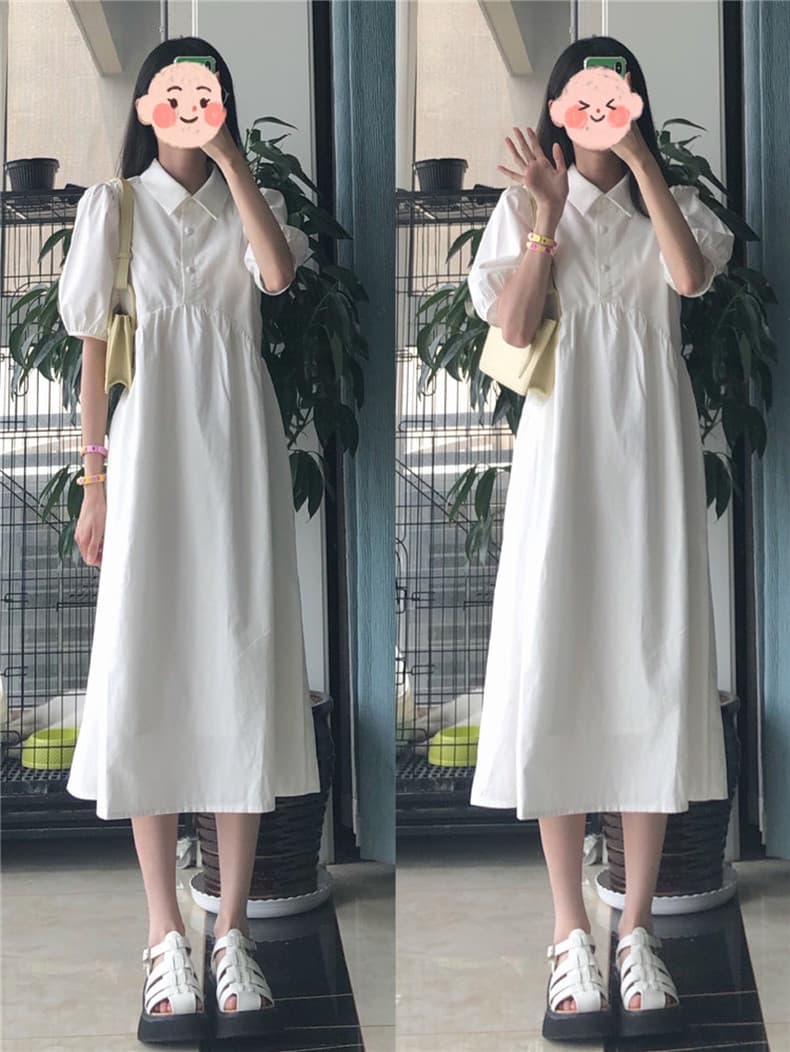 ロングワンピース シャツ パフスリーブ襟付きウエストギャザーシャツワンピース