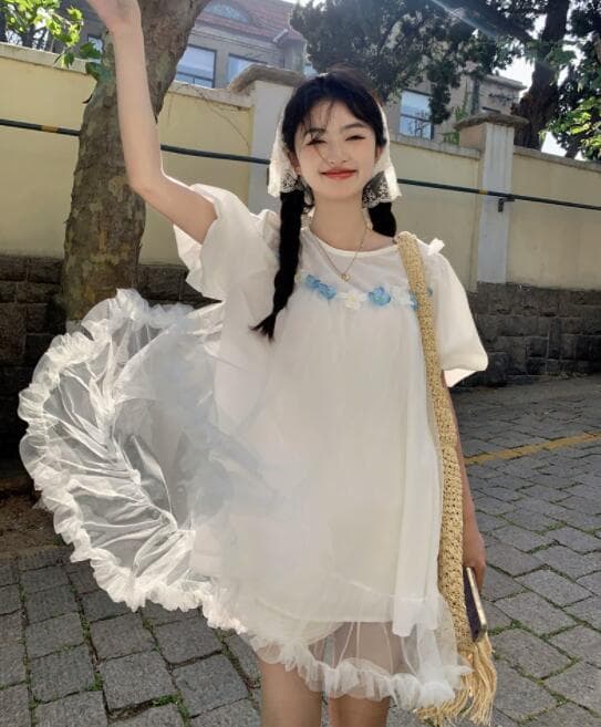 ロングワンピース レース半袖ワンピース 刺繍チュニック風 女性用