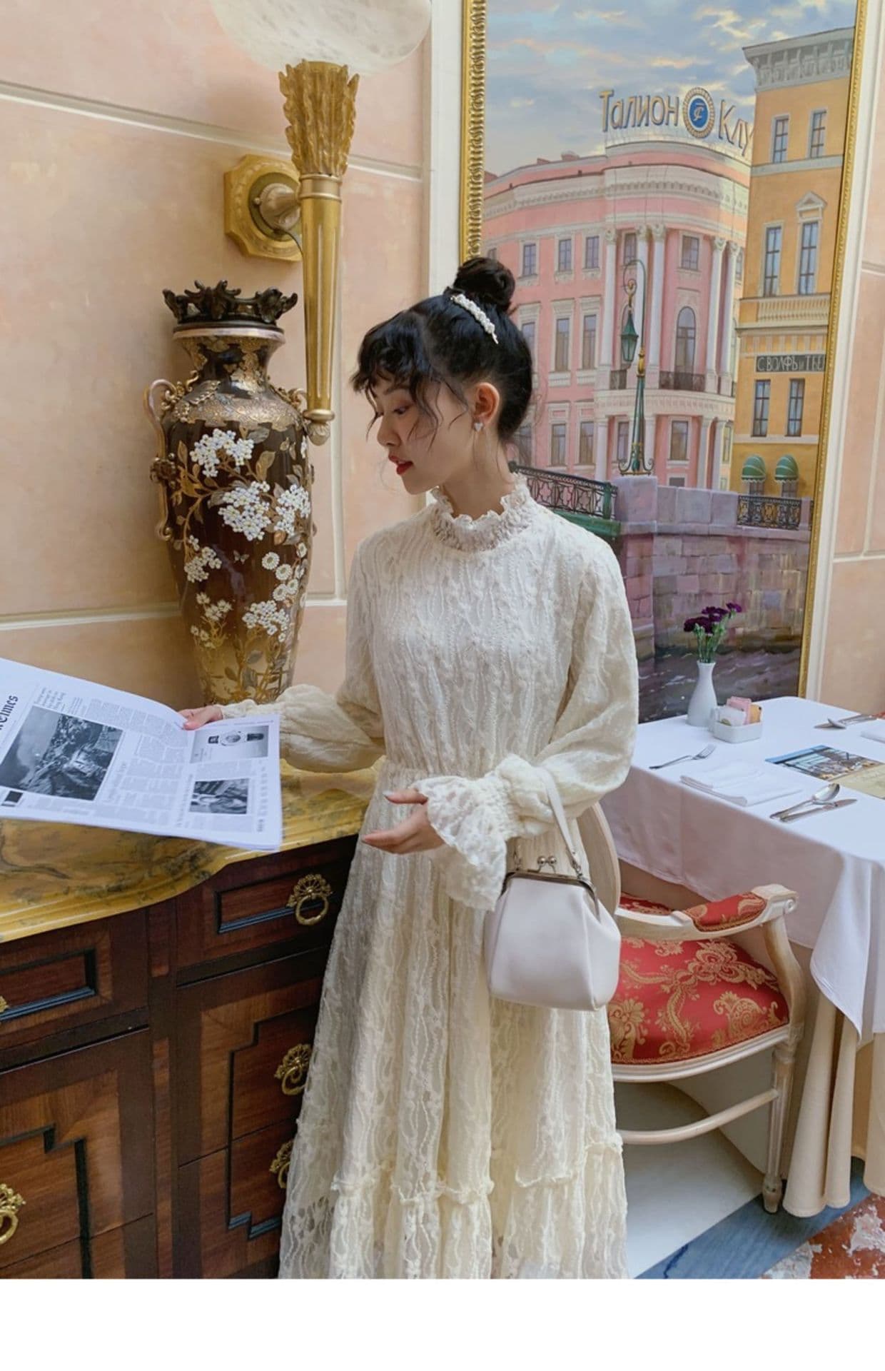 ロングワンピース レース編み花柄デザインワンピース