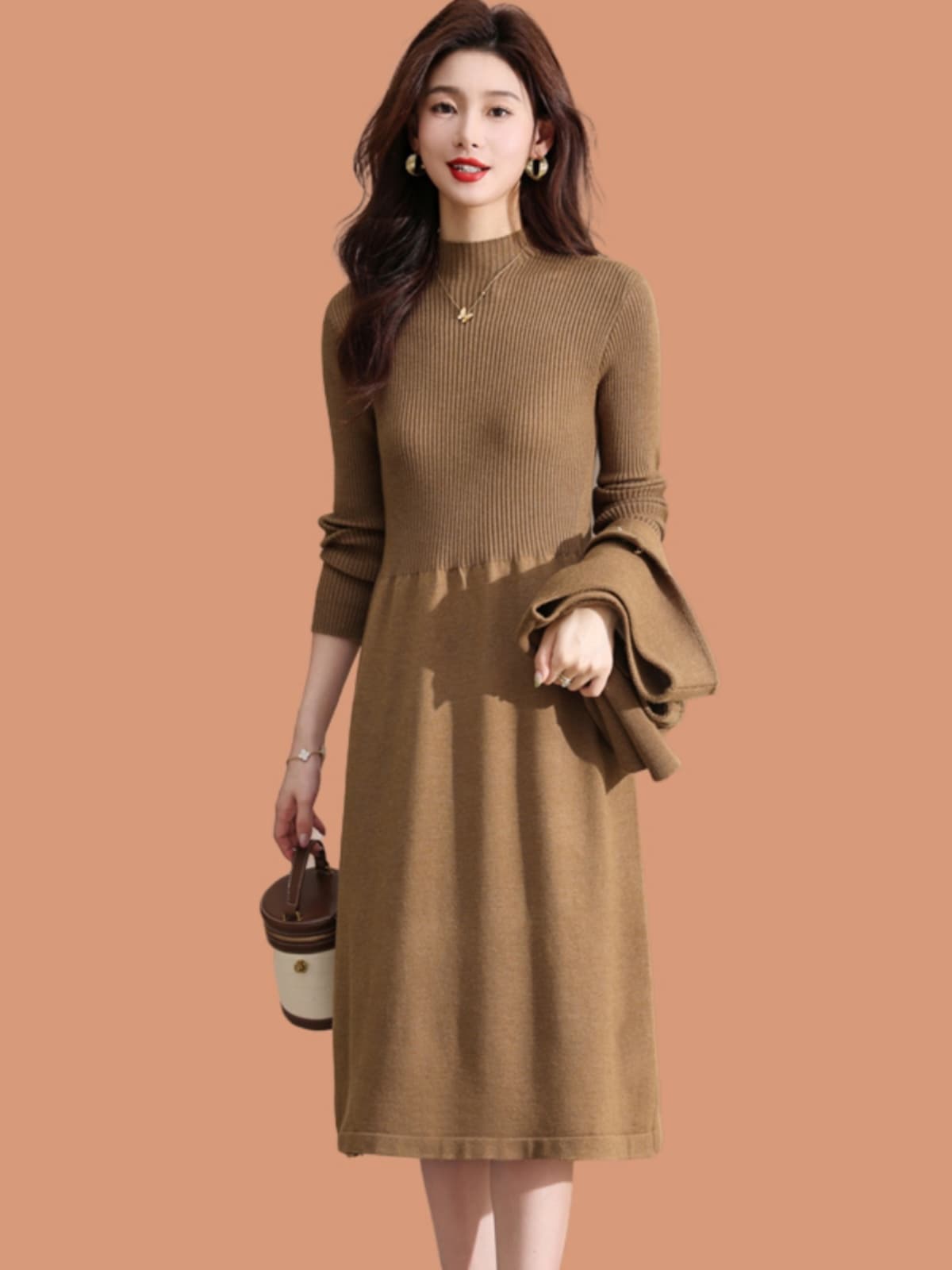 ロングワンピース ニット リブ編み切替すっきりロングワンピース