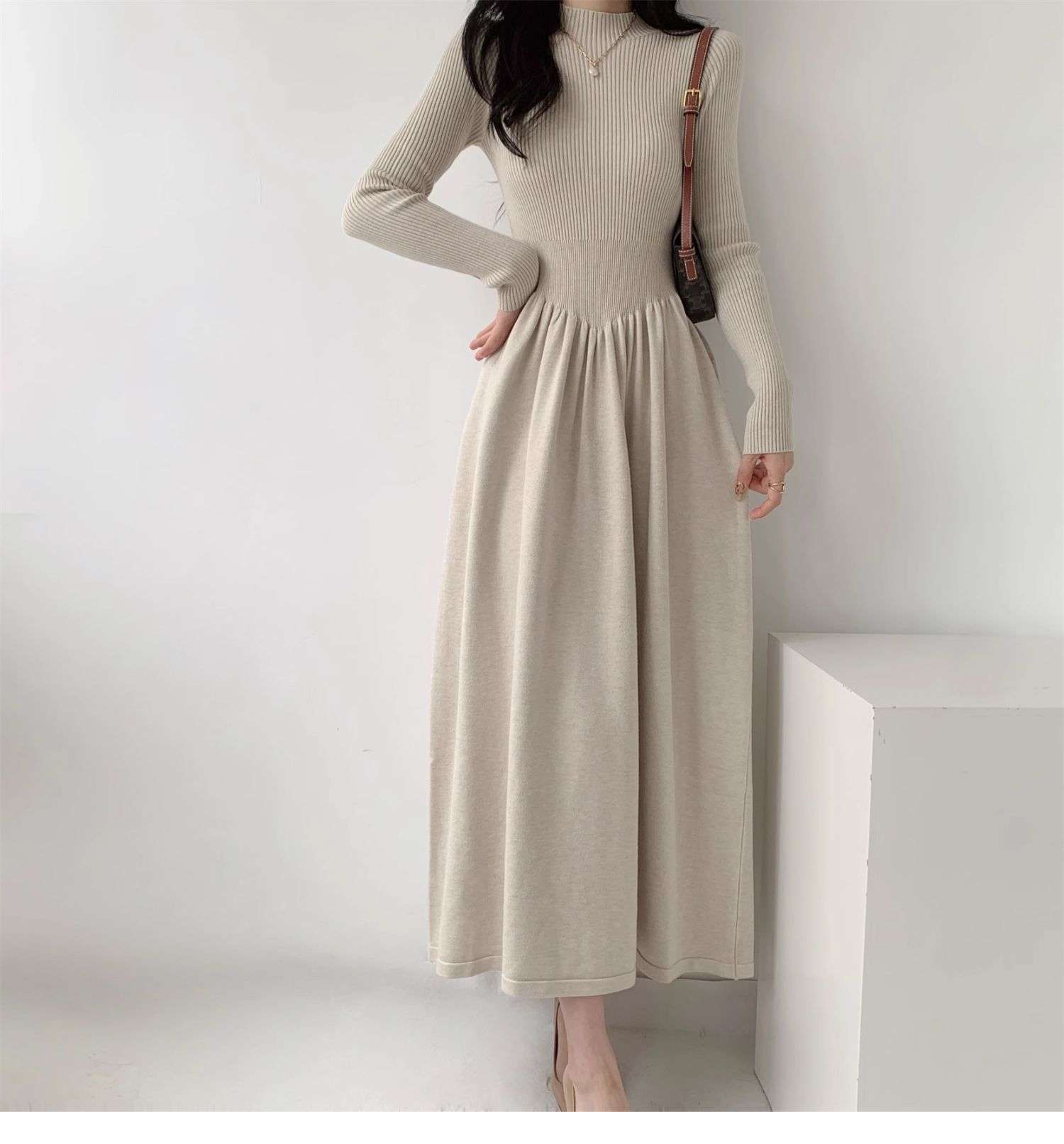 ロングワンピース シンプル上品リブニットロングワンピース
