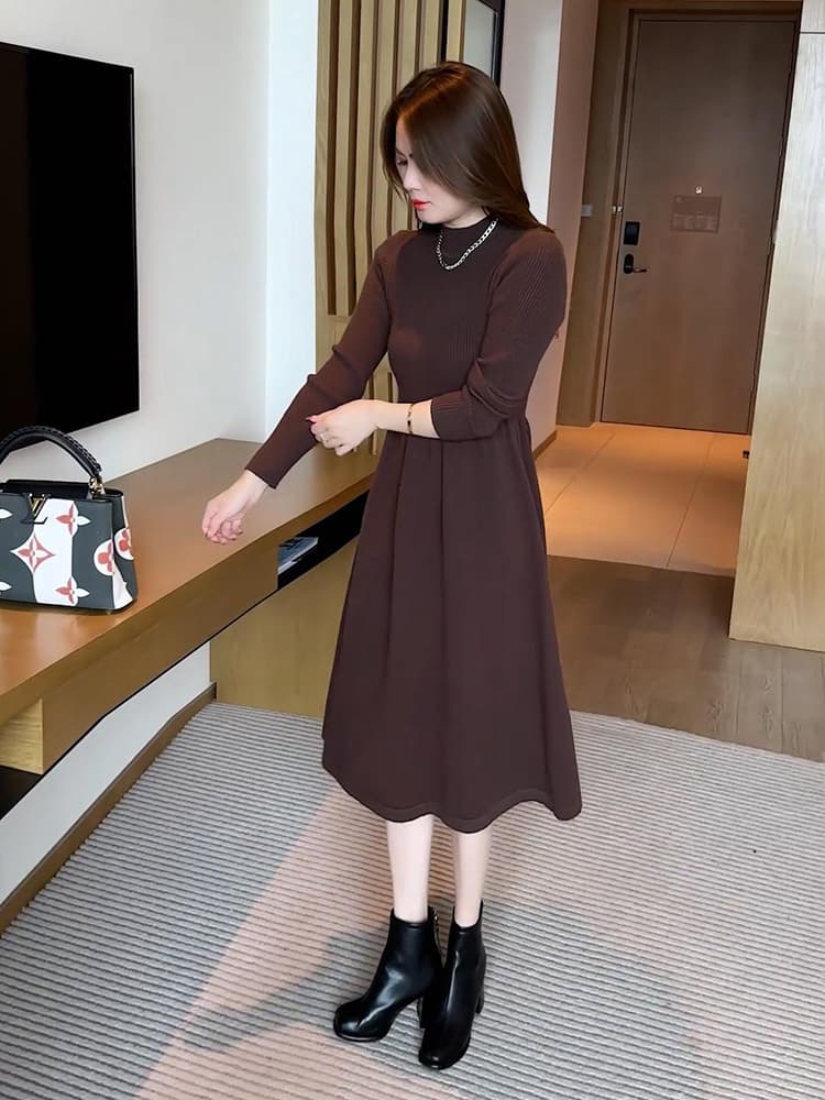 ロングワンピース ニット 上品リブ切替ハイネックニットワンピース