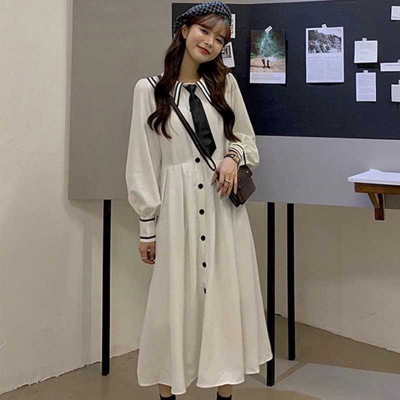ロングワンピース シャツ セーラー襟ネクタイ付きロングシャツワンピース