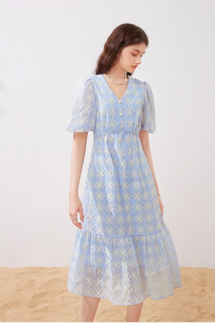 ロングワンピース レース 花刺繍レース ふんわりティアードワンピース