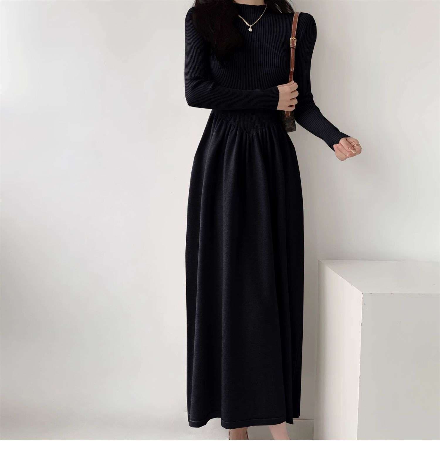 ロングワンピース シンプル上品リブニットロングワンピース